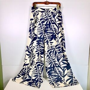 Coastal chic Navy blue white bold tropical leaf high waist flowy wide leg pants